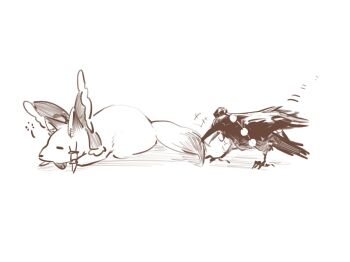 aihara-rina animalization bird bow chinese_commentary commentary_request crow fox frilled_bow frilled_hair_tubes frills hair_bow hair_tubes hakurei_reimu hakurei_reimu_(fox) hat highres monochrome no_humans pom_pom_(clothes) shameimaru_aya shameimaru_aya_(crow) sleeping tokin_hat touhou