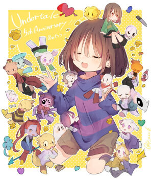 alphys arthropod_girl asgore_dreemurr asriel_dreemurr bone brown_hair chara_(undertale) character_request colored_skin commentary_request english_text flower flowey_(undertale) frisk_(undertale) furry furry_female furry_male gasterblaster heart insect_girl knife long_sleeves monster_kid_(undertale) muffet open_mouth papyrus_(undertale) sans_(undertale) shizumu_(4_zu6) skeleton spider_girl star_(symbol) temmie toriel undertale undyne utdr_(toby_fox) w.d._gaster