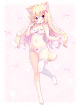 1girl :d animal_ear_fluff animal_ears ankle_lace-up blonde_hair blush border bow bow_bra bow_panties bra breasts character_request cleavage commentary_request copyright_request drop_shadow fox_ears fox_girl fox_tail frilled_bra frilled_panties frilled_thighhighs frills full_body hair_bow hair_ornament hand_up heart heart_hair_ornament highres large_breasts long_hair looking_at_viewer navel nekoboshi_yuki official_art open_mouth outside_border panties pink_background pink_bow pink_bra pink_eyes pink_panties simple_background single_bare_foot single_thighhigh smile solo standing standing_on_one_leg tail thighhighs underwear underwear_only white_border white_thighhighs