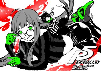 1girl ahoge ambiguous_red_liquid animal_costume ass belt blunt_bangs copyright_name crop_top eating glasses gloves green_eyes green_gloves holding holding_skewer long_hair long_sleeves lying midriff monochrome morgana_(cat)_(persona_5) morgana_(persona_5) multicolored_shoes official_art on_stomach pants persona persona_5 round_eyewear saitou_rokuro sakura_futaba shirt skewer star_(symbol) striped_clothes striped_shirt tight_clothes tight_pants tongue tongue_out two-tone_shoes vertical-striped_clothes vertical-striped_shirt