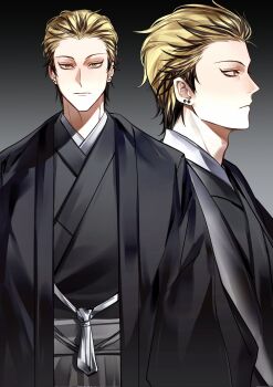 1boy black_hair blonde_hair closed_mouth ear_piercing earrings forehead hair_slicked_back highres japanese_clothes jewelry jujutsu_kaisen male_focus multicolored_hair multiple_piercings multiple_views piercing short_hair streaked_hair two-tone_hair upper_body xingkon818 yellow_eyes zen&#039;in_naoya
