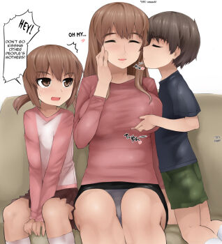 1boy 2girls abubu age_difference black_hair blush breasts brown_hair closed_eyes couch english_text flat_chest grabbing_another's_breast groping hard-translated hetero huge_breasts kiss loli long_hair mature_female mother_and_daughter multiple_girls panties pantyshot short_hair shota sitting skirt smile source_request sweat sweatdrop third-party_edit translated twintails underwear upskirt