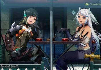 2girls :d artist_name black_gloves black_hair black_pants blue_eyes chair commentary crossed_legs cup dannex009 english_commentary fork gloves holding holding_fork long_hair multiple_girls on_chair open_mouth original pants saucer sitting smile story_in_commentary sword table teeth tongue upper_teeth_only watermark weapon white_hair xenoblade_chronicles_(series) xenoblade_chronicles_x