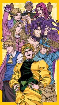 Rule 34 | 6+boys, argyle clothes, argyle sweater, arm up, ascot, battle tendency, belt, belt buckle, black lips, black robe, blonde hair, blue eyes, blue helmet, blue sweater, blue sweater vest, border, brown gloves, brown pants, buckle, closed mouth, coat, collar, collared shirt, commentary, curly hair, dark-skinned male, dark skin, diamond wa kudakenai, diavolo, diego brando, dio brando, dual persona, earrings, enrico pucci, enrico pucci (new moon), fishnet top, fishnets, formal clothes, funny valentine, gloves, green belt, green collar, green headband, green shirt, hands on own hips, headband, heart ornament, helmet, highres, horns, jacket, jewelry, jojo no kimyou na bouken, jojo pose, kars (jojo), kira yoshikage, long coat, long hair, long sleeves, looking at viewer, makeup, male focus, multiple boys, official alternate costume, open mouth, orange belt, pants, parrotwashhead, phantom blood, pink coat, pink hair, priest, purple hair, purple jacket, red eyes, robe, shirt, short hair, smile, steel ball run, stone ocean, suit, suit jacket, sweater, sweater vest, teeth, tongue, tongue out, turtleneck, turtleneck sweater, untranslatable commentary, vampire, vento aureo, white hair, white shirt, yellow ascot, yellow border, yellow jacket, yellow pants