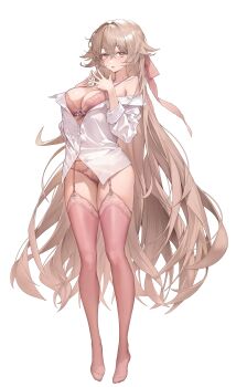 1girl absurdres bare_shoulders blush bow bra breasts brown_eyes brown_hair cleavage collarbone collared_shirt deodeo325752 full_body garter_straps hair_between_eyes hair_ribbon highres large_breasts long_hair long_sleeves looking_at_viewer no_pants no_shoes off_shoulder open_clothes open_shirt original panties parted_lips partially_unbuttoned pink_bra pink_panties pink_thighhighs ribbon shirt simple_background solo standing steepled_fingers thighhighs thighs underwear very_long_hair white_background white_shirt