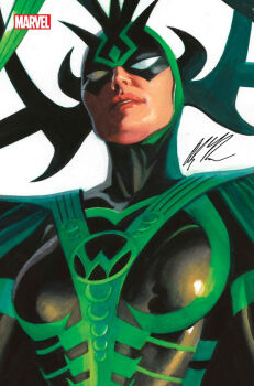 1girl alex_ross black_bodysuit bodysuit cape comic_cover company_name cover cover_page fake_horns green_cape green_lines green_trim hela_(marvel) horned_headwear horns logo marvel mask merchandise_available no_pupils official_art parted_lips realistic signature solo thor_(marvel)_(series) upper_body western_comics_(style) white_background