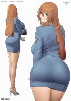 1girl absurdres ass black_gloves breasts brown_hair coffee coffee_pot commentary_request cup english_text girls'_frontline gloves grabbing_another's_ass green_eyes groping highres j_adsen long_hair looking_back mature_female mixed-language_commentary pov pov_hands russian_commentary smile springfield_(girls'_frontline) twitter_username vk_username