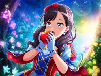 Rule 34 | 1girl, apple, black hair, blue eyes, bow, cosplay, earrings, eating, flower, flower request, food, fruit, game cg, gloves, holding, holding food, holding fruit, jewelry, medium hair, official art, open mouth, puffy short sleeves, puffy sleeves, red bow, short sleeves, shoujo kageki revue starlight, shoujo kageki revue starlight -re live-, snow white (fairy tale), snow white (fairy tale character), snow white (fairy tale character) (cosplay), solo, upper body, white gloves, yanagi koharu