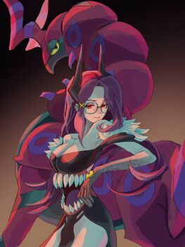 1girl absurdres antennae black_dress black_hands black_horns black_loincloth breasts bug centipede cleavage colored_extremities colored_sclera colored_tongue dress extra_mouth extra_tongue freckles fusenryo gen_5_pokemon giwi_(vtuber) glasses hair_ornament highres horns indie_virtual_youtuber large_breasts long_hair looking_at_viewer monster_girl nintendo pelvic_curtain pokemon pokemon_(creature) purple_tongue red_eyes scolipede sharp_teeth stomach_mouth teeth virtual_youtuber worm_girl x_hair_ornament yellow_sclera