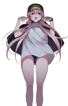 1girl :d bare_legs baseball_cap black_cape blue_one-piece_swimsuit blush bow cape commentary_request cowboy_shot dress feet_out_of_frame folded_twintails ghost_pose gloves green_hat hair_bow hair_ornament hair_over_shoulder hairclip hands_up hat highres light_blush long_hair looking_at_viewer loose_hair_strand low_twintails nijisanji nijisanji_koshien nose_blush one-piece_swimsuit open_clothes open_mouth pink_eyes pink_hair red_bow school_swimsuit see-through_clothes see-through_dress shiina_yuika simple_background single_glove sleeveless sleeveless_dress smile solo straight-on swimsuit swimsuit_under_clothes textless_version twintails variant_set very_long_hair virtual_youtuber white_background white_dress white_gloves zmzm_hiji