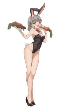 Rule 34 | 1girl, absurdres, animal ear fluff, animal ears, armpits, bare arms, bare legs, bare shoulders, black shoes, bow, bowtie, breasts, buck teeth, carrot, cleavage, covered navel, crossed legs, detached collar, eating, extra ears, food, full body, gloves, grey eyes, grey hair, hands up, high heels, highleg, highleg leotard, highres, holding, holding food, leotard, long legs, looking at viewer, medium breasts, medium hair, midori fufu, mole, mole on breast, open mouth, original, playboy bunny, rabbit ears, rabbit girl, rabbit tail, shoes, simple background, smile, solo, standing, strapless, strapless leotard, tail, teeth, thighs, watson cross, white background, white gloves