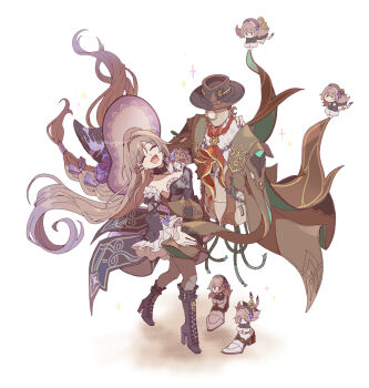 1boy 1girl bare_shoulders black_boots black_dress black_hat black_sleeves boots brown_hair brown_jacket cable closed_eyes dancing detached_sleeves dress fedora hat herta_(honkai:_star_rail) herta_(puppet)_(honkai:_star_rail) highres honkai:_star_rail honkai_(series) humanoid_robot jacket krakrignmr large_hat long_hair open_mouth robot screwllum_(honkai:_star_rail) shirt smile the_herta_(honkai:_star_rail) white_shirt witch_hat