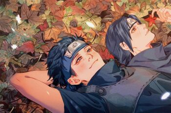 2boys arm_behind_head arm_up black_hair blush closed_mouth commentary forehead_protector grey_eyes konohagakure_symbol leaf male_focus momoyoru1 multiple_boys naruto_(series) naruto_shippuuden parted_lips symbol-only_commentary teeth uchiha_itachi yaoi