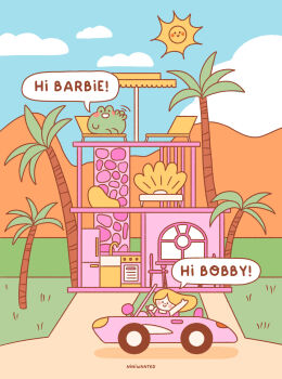 Rule 34 | artist name, barbie (character), barbie (franchise), barbie (live action), blush stickers, car, chair, cloud, commentary, day, doll house, english commentary, english text, faucet, frog boy, grass, highres, kitchen, motor vehicle, mountainous horizon, niniwanted, outdoors, palm tree, plant, sky, smile, solid circle eyes, speech bubble, sports car, sun, table, toon (style), tree, umbrella, waving, window