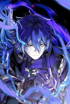 1boy :| absurdres artist_name bags_under_eyes black_coat black_gloves blue_fire blue_hair blurry chinese_commentary closed_mouth coat collared_coat crossed_bangs depth_of_field duplicate electricity empty_eyes fire flins_(genshin_impact) genshin_impact gloves glowing gradient_hair hair_between_eyes high_collar highres holding holding_lantern lantern long_sleeves male_focus multicolored_hair nanaebii shade sleeve_cuffs solo upper_body yellow_eyes