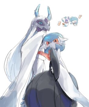 2others alternate_color black_dress black_gloves blue_eyes blue_sclera blush bob_cut closed_eyes closed_mouth colored_sclera dress froslass gardevoir gen_3_pokemon gen_4_pokemon gloves highres horns ice_horns looking_at_viewer mame_(nanase_pk) mega_froslass mega_gardevoir mega_pokemon multiple_others musical_note nintendo open_mouth pokemon pokemon_(creature) pokemon_focus red_eyes shiny_pokemon smile yellow_sclera