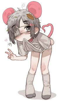 1boy absurdres animal_ears ankle_socks bare_legs bulge clothes_in_mouth collar eyepatch grey_socks hair_ornament hairpin heart highres leaf leaf_on_head looking_at_viewer medical_eyepatch messy_hair mole mole_on_cheek mouse_ears mouse_tail mouth_hold original panties pink_collar shadow shirt_in_mouth simple_background socks solo standing syrupmelty tail trap underwear v white_background white_panties