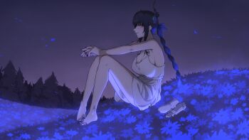 1girl absurdres alternate_costume alternate_hairstyle asymmetrical_horns bare_shoulders barefoot black_hair black_nails blue_flower braid breasts daydarion demon_horns dress feet field flower flower_field highres hololive hololive_english horn_flower horns large_breasts long_hair mole mole_under_eye nerissa_ravencroft red_eyes shoes single_braid slit_pupils smile solo uneven_horns unworn_shoes virtual_youtuber white_dress