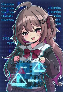 Rule 34 | :d, @ @, ahoge, ahoge-tan, binary, black cardigan, black skirt, blue background, broken heart, broken heart hair ornament, brown hair, cardigan, clothes lift, collared shirt, commentary, cowboy shot, double-parted bangs, english commentary, error message, evil neuro-sama, fang, glitch, hair between eyes, head tilt, heart, highres, long hair, long sleeves, looking at viewer, neuro-sama, open cardigan, open clothes, open mouth, outline, raised eyebrows, red eyes, red ribbon, ribbon, shirt, shirt lift, sign, skin fang, skirt, sleeves past wrists, smile, sweatdrop, torn bowtie, torn hair ribbon, two side up, vedal ai, very long hair, virtual youtuber, warning sign, white outline, white shirt