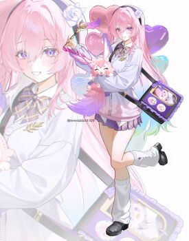 Rule 34 | 1girl, absurdres, alternate costume, animal, aqua hair, bag, balloon, black shoes, blue jacket, breasts, commentary, cyrene (demiurge) (honkai: star rail), cyrene (honkai: star rail), diamond-shaped pupils, diamond (shape), flower, hair flower, hair ornament, heart balloon, highres, holding, holding animal, holding quill, honkai: star rail, honkai (series), jacket, leg warmers, long hair, looking at viewer, medium breasts, mem (honkai: star rail), mnrabbit1109, multicolored hair, pink hair, pointy ears, purple eyes, purple skirt, quill, shoes, shoulder bag, skirt, smile, symbol-only commentary, symbol-shaped pupils, twitter username, very long hair, white hair, white leg warmers, zoom layer