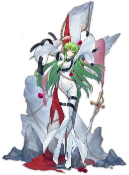 1girl artist_request bodysuit breasts c.c. chain chained_wrists code_geass column flower full_body green_hair high_heels highres looking_at_viewer mahjong_soul marble_(stone) medium_breasts official_art pillar red_flower rock solo standing sword tachi-e transparent_background weapon white_bodysuit white_footwear wide_sleeves yellow_eyes