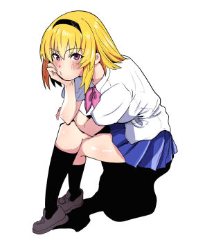 black_hairband black_socks blonde_hair blue_skirt blush brown_shoes choppy_bangs collared_shirt commentary_request elbow_on_knee hair_between_eyes hairband hand_on_own_chin head_rest highres higurashi_no_naku_koro_ni higurashi_no_naku_koro_ni_gou houjou_satoko kneehighs loafers looking_up medium_hair miniskirt neckerchief onuma_kuma pink_neckerchief pleated_skirt purple_eyes shadow shirt shoes short_sleeves sitting skirt socks sulking thighs white_shirt