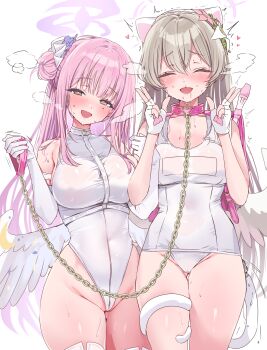 2girls ^_^ absurdres alternate_costume anal_beads anal_tail animal_ears armpit_crease backpack bag blue_archive blush breasts breath brown_hair butt_plug cat_ears cat_tail closed_eyes collarbone commentary covered_navel cowboy_shot double_w elbow_gloves fake_tail feathered_wings fingerless_gloves flower flute gloves groin hair_bun hair_flower hair_ornament halo head_tilt heart heart-shaped_pupils highleg highleg_leotard highres holding holding_leash instrument large_breasts leash leotard long_hair looking_at_viewer medium_breasts mika_(blue_archive) multiple_girls nagisa_(blue_archive) nikuya_(nikuniku_nikuya) nose_blush one-piece_swimsuit partially_visible_vulva pink_bag pink_hair randoseru recorder sex_toy simple_background single_side_bun smile straight_hair sweat swimsuit symbol-shaped_pupils tail tail_around_own_leg twitching very_long_hair w white_background white_gloves white_leotard white_one-piece_swimsuit white_wings wings yuri
