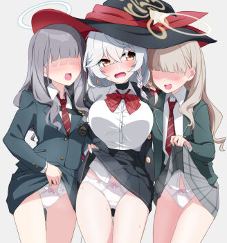 3girls absurdres blue_archive blush bow bow_panties breasts clothes_lift commentary_request eri_(blue_archive) halo hat highres jacket large_breasts medium_breasts multiple_girls open_mouth orange-bird panties school_uniform shirt skirt skirt_lift textless_version underwear white_panties wildhunt_art_academy_student_(ar)_(blue_archive) wildhunt_art_academy_student_(smg)_(blue_archive) witch_hat