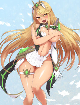 absurdres angoha breasts chest_jewel core_crystal_(xenoblade) covering_breasts covering_privates dress headpiece highres large_breasts microdress mythra_(xenoblade) thighs tiara torn_clothes xenoblade_chronicles_(series) xenoblade_chronicles_2