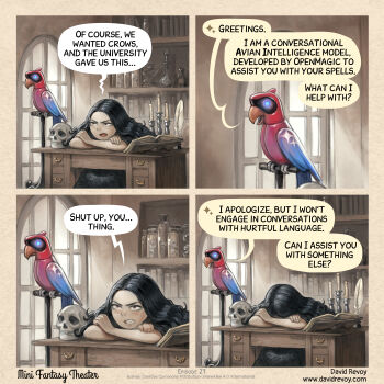 Rule 34 | 1girl, 1other, absurdres, angry, bird, black hair, black robe, book, bookshelf, bottle, candelabra, candle, candlestand, cepper (minifantasytheater), clenched teeth, covering face, crossed arms, david revoy, desk, english text, erlenmeyer flask, flask, goth fashion, grey eyes, highres, indoors, long hair, minifantasytheater, non-humanoid robot, original, parrot, parrot (minifantasytheater), parted hair, robe, robot, robot animal, robot bird, sitting, skull, speech bubble, teeth, window