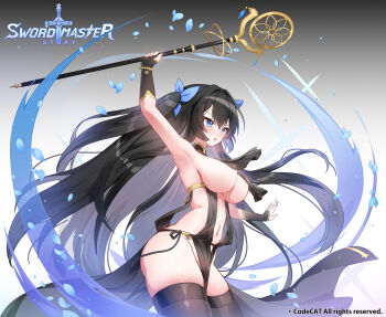 1girl absurdres apple_caramel arm_up armpits bare_shoulders black_hair blue_eyes blush breast_curtains breasts brown_thighhighs character_request colored_inner_hair commentary_request cowboy_shot hair_between_eyes hair_ribbon highres holding holding_staff large_breasts long_hair looking_ahead multicolored_hair navel no_panties official_art open_mouth pelvic_curtain ribbon skindentation solo staff stomach sword_master_story thighhighs thighs two_side_up underboob v-shaped_eyebrows very_long_hair