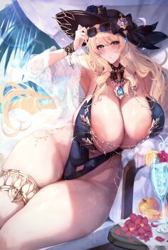 1girl absurdres alna_(mu5fal) areola_slip beach beach_umbrella blonde_hair blue_eyes blush bracelet breasts cup curvy drinking_glass flower food fruit genshin_impact groin hat hat_flower hat_ribbon heart heart-shaped_pupils highres huge_areolae huge_breasts jewelry lactation lactation_through_clothes large_nipples long_hair looking_at_viewer navel navia_(genshin_impact) necklace nipple_slip nipples ocean one-piece_swimsuit orange_(fruit) outdoors parted_lips plunging_neckline ribbon see-through_clothes shiny_skin sidelocks sitting skindentation sky solo sun_hat sunglasses sunglasses_on_head sweat swimsuit symbol-shaped_pupils thick_thighs thighlet thighs umbrella wavy_hair wide_hips