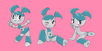 1girl arched_back ass blue_hair blue_shirt blue_skirt blush breasts cleft_of_venus closed_mouth crop_top female_focus from_behind full_body highres jenny_wakeman knee_up loli looking_at_viewer midriff multiple_views my_life_as_a_teenage_robot no_panties nude one_eye_closed open_mouth pink_hair pussy qtkat robot robot_girl shirt short_twintails simple_background sitting skirt sleeveless sleeveless_shirt small_breasts smile spread_legs thighs twintails uncensored wariza