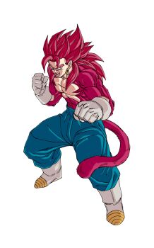 1boy blue_pants body_fur boots clenched_hands dragon_ball dragon_ball_daima earrings full_body gomadang0417 highres jewelry long_hair monkey_tail pants potara_earrings red_eyes red_fur red_hair red_tail simple_background solo spiked_hair super_saiyan super_saiyan_4 tail topless_male vegetto white_background white_boots