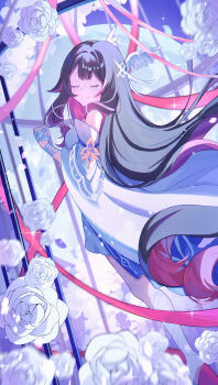 1girl absurdres bandaged_hand bandages black_hair closed_eyes columbina_(genshin_impact) dress eye_mask feathered_wings flower genshin_impact gradient_hair head_wings highres long_hair mask multicolored_hair pink_hair rose sharonda solo white_dress white_flower white_mask white_rose white_wings wings x-shaped_eyewear