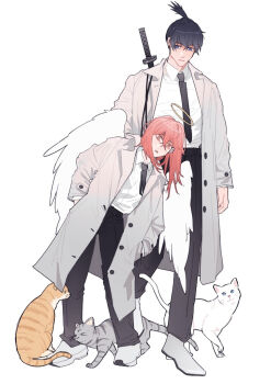 Rule 34 | 2boys, angel devil (chainsaw man), animal, black hair, black necktie, black pants, blue eyes, cat, chainsaw man, coat, collared shirt, commentary, grey coat, halo, hand in pocket, hayakawa aki, height difference, long hair, looking at animal, male focus, multiple boys, necktie, open clothes, open coat, pants, penguin jun, shirt, short hair, simple background, topknot, traditional halo, weapon, weapon on back, white background, white cat, white shirt, wings