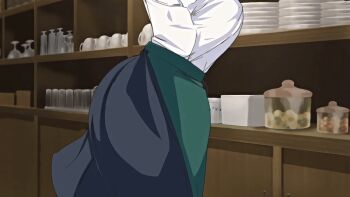 10s 1girl 2019 animated animated_gif apron ass breasts brown_eyes brown_hair collared_shirt dress earrings hair_ribbon housewife huge_ass indoors jewelry large_breasts mature_female mole mole_under_eye okusan_(yue_ni_hitozuma_wa_netorareta) queen_bee_(animation_studio) reaching_up restaurant ribbon shirt standing tagme waitress waitress_uniform white_shirt yue_ni_hitozuma_wa_netorareta