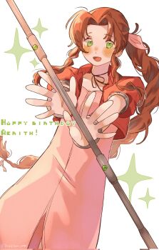 Rule 34 | 1girl, aerith gainsborough, blush, braid, braided ponytail, brown hair, center opening, character name, choker, cowboy shot, dress, final fantasy, final fantasy vii, green eyes, hair ribbon, happy birthday, hashtag-only commentary, hidechanyade, highres, holding, holding staff, jacket, long dress, long hair, looking at viewer, nose blush, open mouth, parted bangs, pink dress, pink ribbon, puffy short sleeves, puffy sleeves, red jacket, ribbon, ribbon choker, short sleeves, sidelocks, single braid, smile, solo, sparkle, staff, white background