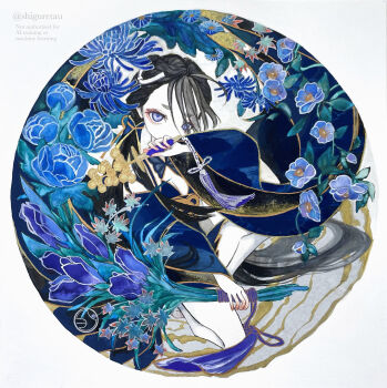 1girl absurdres black_hair blue_eyes blue_kimono blue_theme commentary_request flower highres japanese_clothes kimono long_hair looking_at_viewer original pale_skin ponytail shiguretau solo traditional_media very_long_hair