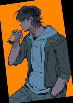 Rule 34 | 1boy, alternate costume, animification, bad id, bad twitter id, black border, black eyes, black hair, black jacket, border, casual, cole (ninjago), commentary request, cup, dark-skinned male, dark skin, disposable cup, drawstring, drinking straw, hand in pocket, highres, holding, holding cup, hood, hood down, hooded shirt, jacket, korean commentary, long sleeves, male focus, nanunbab0da, ninjago, open clothes, open jacket, orange background, short hair, simple background, solo