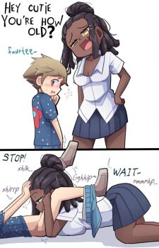 1boy 1girl 2koma age_difference age_mention all_fours alternate_skin_color alternate_universe arm_at_side black_hair blue_shorts blue_skirt breast_press breasts character_age chocotoro cleavage collarbone comic cowboy_shot dark-skinned_female dark_skin english_text eyebrows fang feet_out_of_frame fellatio femdom from_side gylmyr hair_bun half-closed_eye hand_on_own_hip hetero ijiranaide_nagatoro-san instant_loss interracial looking_at_another looking_down medium_breasts medium_hair nagatoro_hayase nervous onee-shota open_mouth oral penis petite profile rape shirt shorts shorts_around_one_leg shota simple_background single_hair_bun size_difference skirt smug very_dark_skin white_background white_shirt yellow_eyes