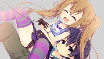 1boy 1girl ahoge aoi_aruma averting_eyes blue_hair blue_shirt blue_tank_top blush bob_cut breasts brown_hair bulge camisole collarbone controller cowboy_shot erection erection_under_clothes game_cg game_controller girl_on_top green_pants hair_between_eyes hair_ornament hairclip half-closed_eyes himukai_ao_(jissai_no_tokoro) holding holding_controller holding_game_controller izuno_shiun_(jissai_no_tokoro) jissai_no_tokoro kodomo_doushi large_variant_set loli long_hair looking_to_the_side miniskirt navel open_mouth panties pants pleated_skirt polka_dot polka_dot_panties purple_camisole purple_skirt raised_inner_eyebrows shirt short_hair sidelocks simple_background sitting sitting_on_lap sitting_on_person skirt small_breasts striped_clothes striped_thighhighs tank_top thighhighs thighs twintails underwear variant_set very_long_hair