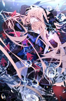 1girl arknights bare_shoulders black_bow black_bowtie black_capelet black_gloves black_pants bow bowtie bubble capelet closed_mouth clothing_cutout cosplay e.g.o_(project_moon) feet_out_of_frame glint gloves green_eyes hairband highres holding holding_behind_back holding_sword holding_sword_behind_back holding_weapon holding_weapon_behind_back lemonail limbus_company long_hair looking_at_viewer off-shoulder_capelet orange_hair pants project_moon skadi_(arknights) skadi_(arknights)_(cosplay) solo sword thigh_cutout tidal_elegy_(e.g.o) twitter_username underwater very_long_hair weapon