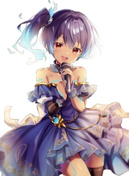 1girl bare_shoulders blue_dress blue_hair body_markings commentary commission cowboy_shot dress english_commentary fiery_hair highres holding holding_microphone looking_at_viewer microphone off-shoulder_dress off_shoulder open_mouth orange_eyes second-party_source sena_(xenoblade) side_ponytail simple_background smile solo teeth ui_frara upper_teeth_only white_background xenoblade_chronicles_(series) xenoblade_chronicles_3