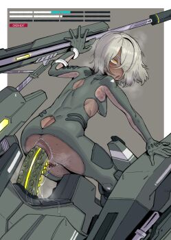 Rule 34 | 1girl, absurdres, ahegao, anal, anal hair, anal object insertion, anus, armpit crease, blush, bodysuit, breasts, commentary, dark-skinned female, dark skin, dildo, dildo riding, dolls nest, ebonyxh, english commentary, english text, eyes visible through hair, female pubic hair, freckles, hair over one eye, highres, leotard, mecha, mecha pilot suit, object insertion, open mouth, pilot, pointy breasts, pubic hair, pussy, pussy juice, pussy juice trail, ringed eyes, robot, rolling eyes, sex toy, short hair, simple background, small breasts, eylin eyla (ebonyxh), steaming body, sweat, uncensored, very sweaty, white hair, white pubic hair, yellow eyes