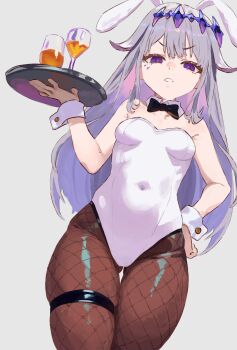 1girl alcohol angry bow bowtie cinna_hds collar cuff_links cuffs fishnets glass gluteal_fold grey_hair holding holding_tray hololive hololive_english koseki_bijou long_hair looking_at_viewer looking_down playboy_bunny rabbit_ears scowl thick_thighs thighs tray virtual_youtuber