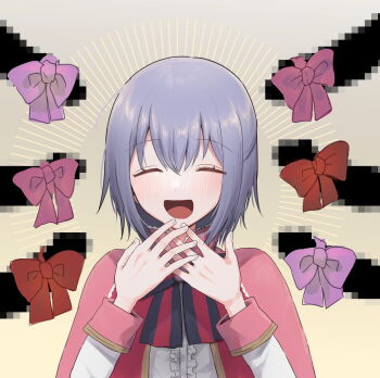1girl 6+boys blush closed_eyes hands_up highres mottirimuttiri multiple_boys original penis penis_ribbon purple_hair ribbon ribbon_on_penis short_hair simple_background smile surrounded_by_penises
