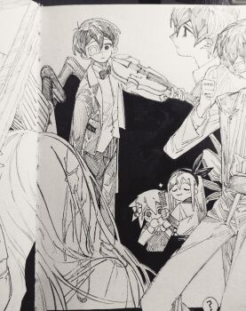 Rule 34 | 2boys, 2girls, ?, absurdres, alternate costume, alternate sleeve length, antenna hair, aubrey (faraway) (omori), aubrey (omori), basil (faraway) (omori), basil (omori), bow, bowtie, chibi, chinese commentary, closed mouth, collared shirt, commentary request, double-parted bangs, eyepatch, flower, formal clothes, greyscale, hair between eyes, hair flower, hair ornament, highres, holding, holding instrument, holding violin, instrument, long hair, long sleeves, looking at viewer, mari (omori), mari (spirit) (omori), monochrome, moonskysoon, multiple boys, multiple girls, omori, pants, shirt, short hair, sidelocks, socks, speech bubble, spoilers, spoken question mark, suit, sunny (omori), sweater vest, traditional media, violin