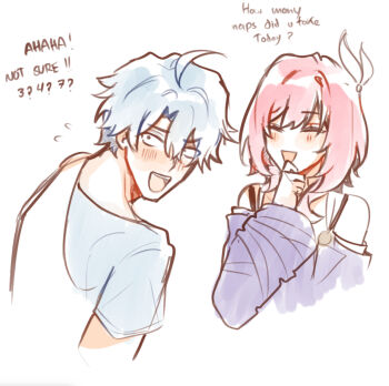 1boy 1girl ahoge blue_shirt blush coat commentary cyrene_(aedes_elysiae)_(honkai:_star_rail) cyrene_(honkai:_star_rail) embarrassed english_text hair_ornament hmumhu honkai:_star_rail honkai_(series) laughing phainon_(a_dream_scented_in_wheat)_(honkai:_star_rail) phainon_(honkai:_star_rail) pink_hair purple_coat shirt simple_background speech_bubble white_background white_hair