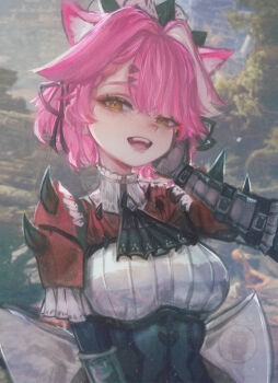 Rule 34 | 1girl, :d, absurdres, alternate costume, animal ear fluff, animal ears, armor, braid, breasts, commentary, hair ornament, highres, hololive, hololive english, looking at viewer, open mouth, panther ears, panther girl, pink hair, raora panthera, shoulder armor, smile, taku artworks, teeth, upper teeth only, virtual youtuber, yellow eyes